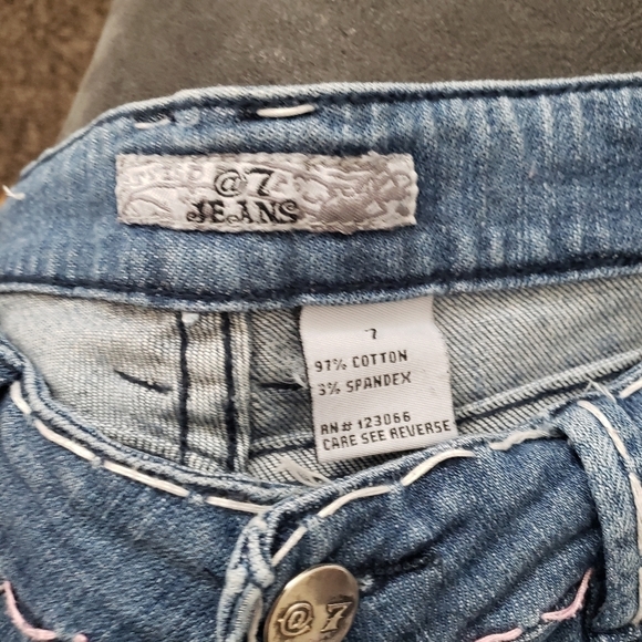 Styled @ 7 Jeans Medium Wash Soft Denim Pink White Stitching Distressed Skinny - Picture 3 of 7